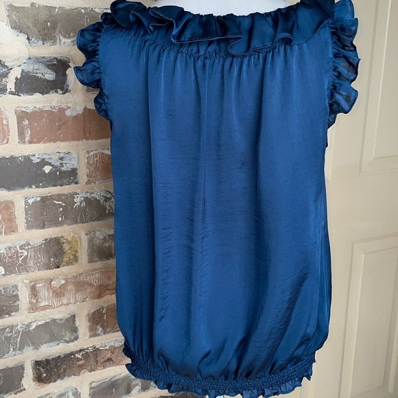Dress Barn Blue Satin Ruffled Top Size Medium - Picture 3 of 7